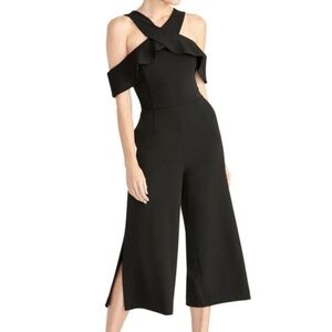 RACHEL ROY Black Cold-Shoulder Flutter Sleeve Elegant Halter Jumpsuit Pockets XS